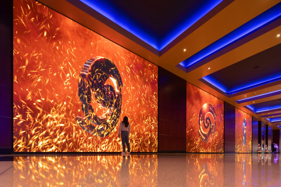 Poker room entryways feature three 17-by-21-foot displays with 8K resolution