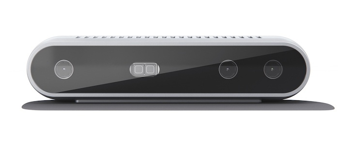 Intel Shipping Pair Of Low-Cost 3D Depth-Sensing Cameras For Analytics, Interactive - The Intel® RealSense™ D400 Depth Cameras add 3D capabilities to any prototype development or end user-ready device or machine. The D415 Depth Camera comes in a ready-to-use, USB-powered form factor and are ideal for makers, educators, hardware prototyping and software developers to easily add depth. (Credit: Intel Corporation)