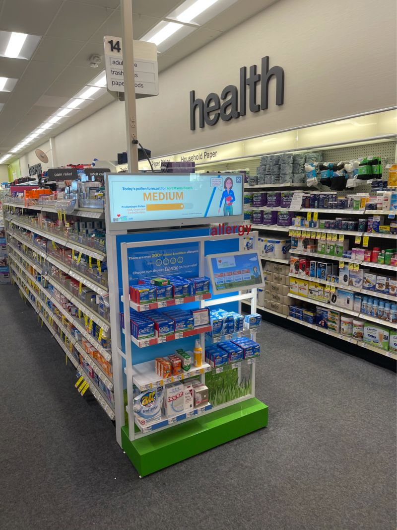 Skinny LCD Used As Header On Nice Chain Drug End Cap For Allergy Relief Product