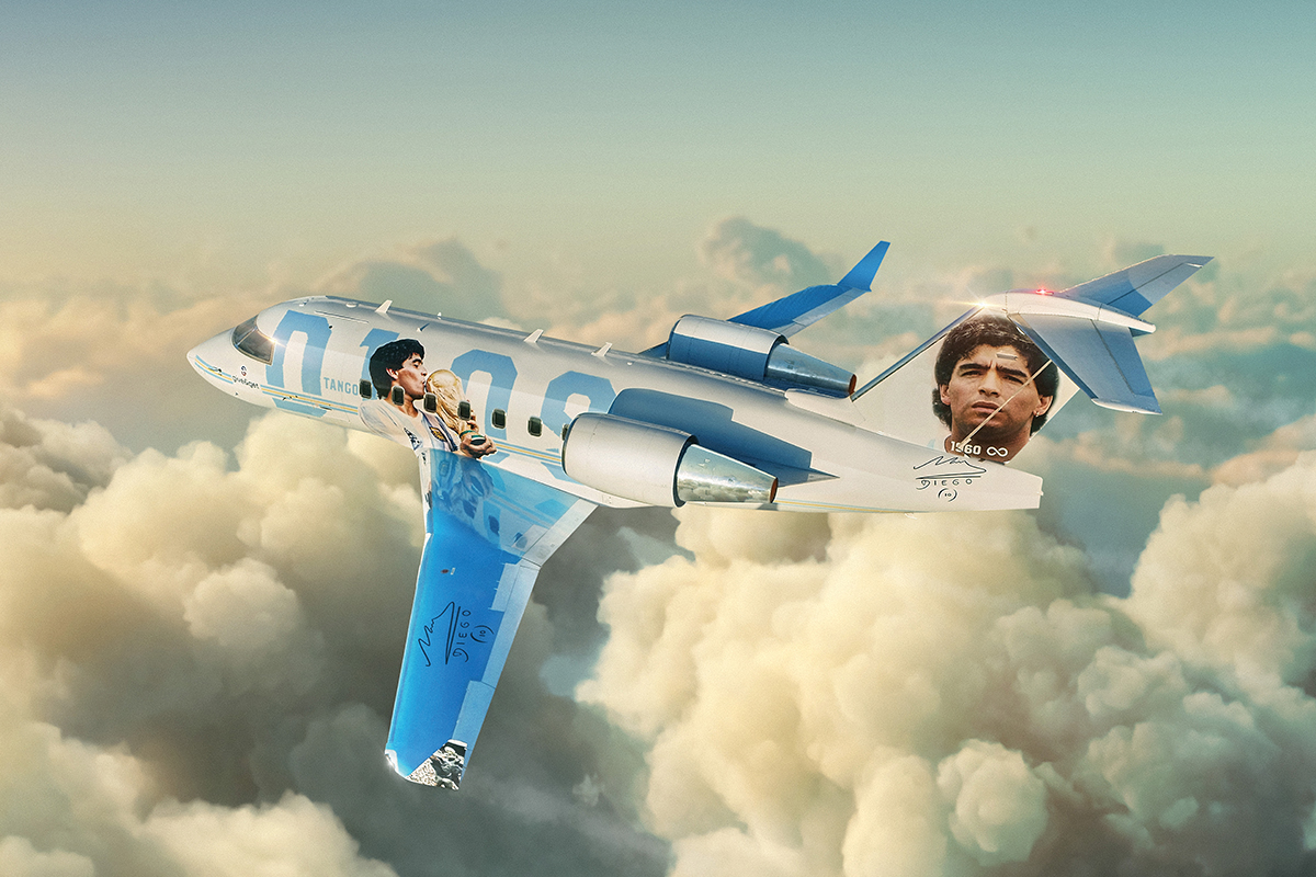 Private Plane Flying A Deep-Faked And Young Again Interactive Diego Maradona Display
