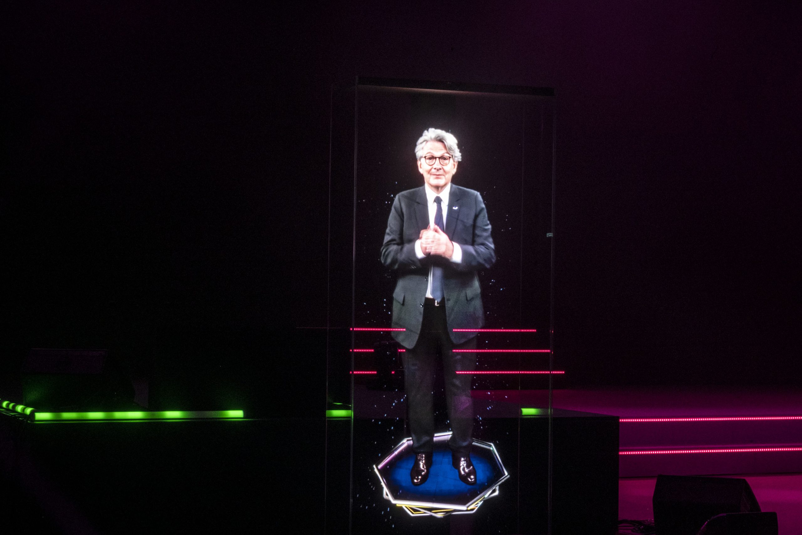 EU Commissioner Makes Personal Appearance From Afar Using Hologram-ish LED Light Stick Array - Torino 30-09-2022 Foto Daniele Solavaggione ITALIAN TECH WEEK ALLE OGR, SECONDO GIORNO, NELLA FOTO INTERVENTO DELL'OLOGRAMMA DEL COMMISSARIO EUROPEO THIERRY BRETON