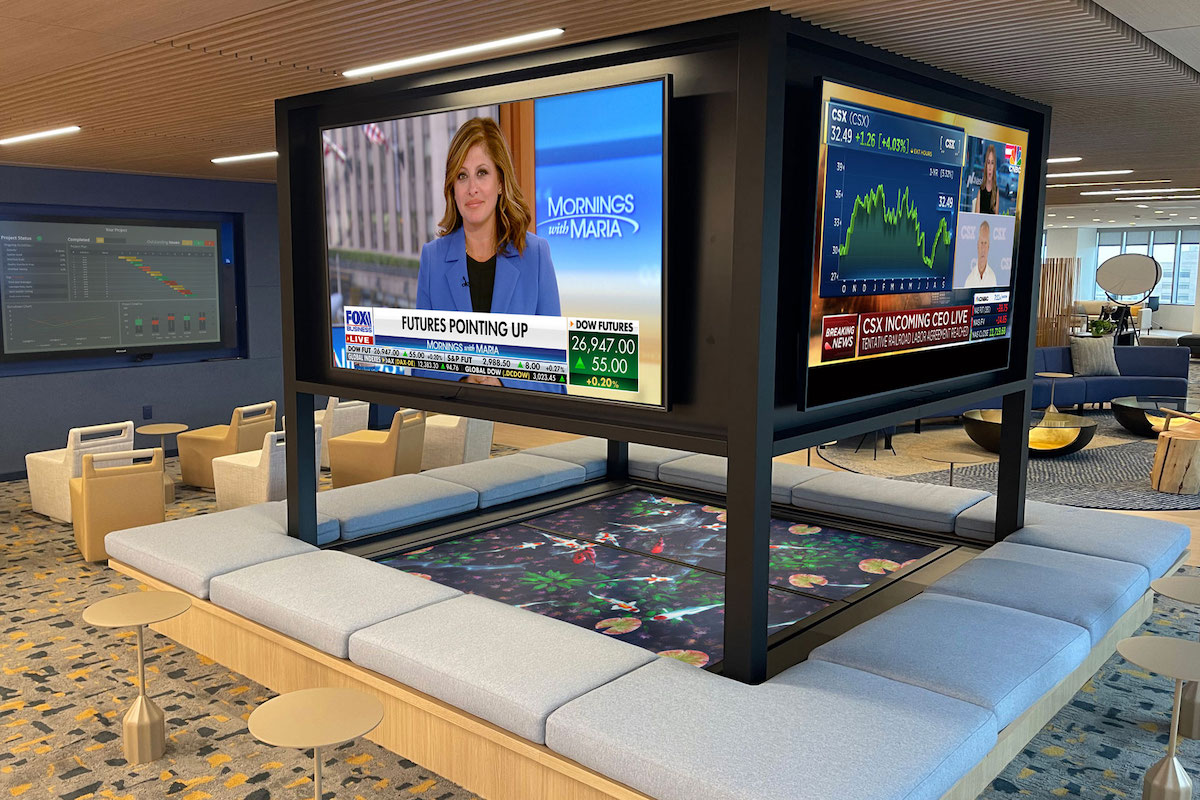 Bank HQ Puts In Reactive Digital Koi Pond As Calming Oasis For Staffers, But Tops It With Big TVs???