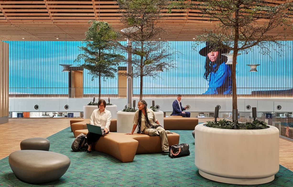 The Stunning, Timber-Filled Portland Airport Modernization Includes Twin 123-Foot Wide LED Walls Above TSA Checkpoints