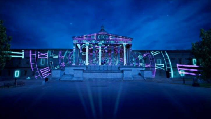 Artist’s impression of “UCL Illuminated” showing projected animations across the Wilkins Building