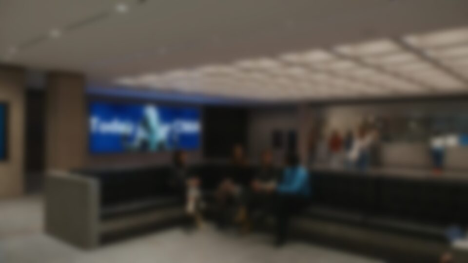 The video wall in the Horace Kelley Art Foundation Lobby supports wayfinding and exhibition information